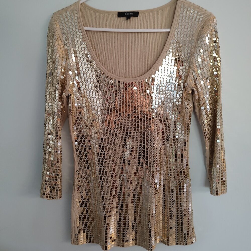 Women's Express Sequined Pullover Size Medium Gold